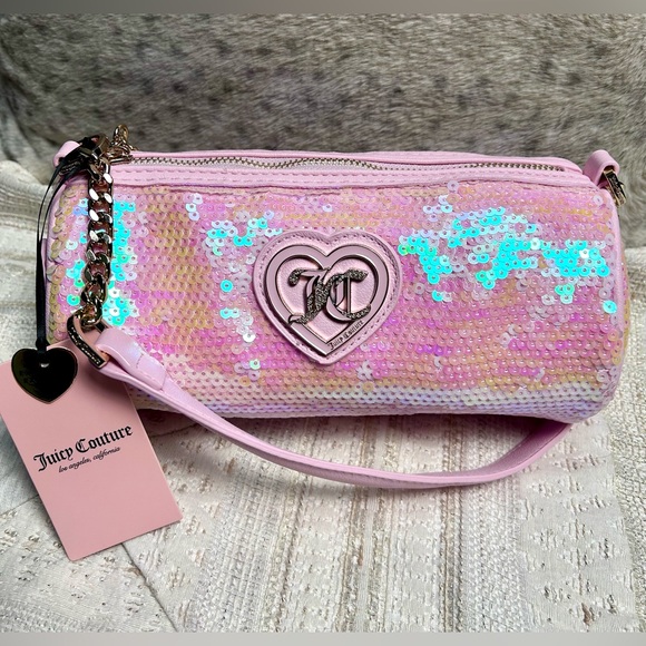 Juicy Couture Handbags - NWT JUICY Couture Pink Sequin Barrel Heart Shoulder Bag Gold look Chain Handle